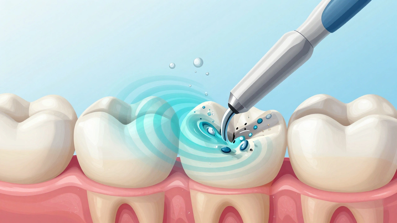 Mikroskopický pohled na ultrazvukové vlny rozkládající zubní kámen a biofilm na zubním povrchu.