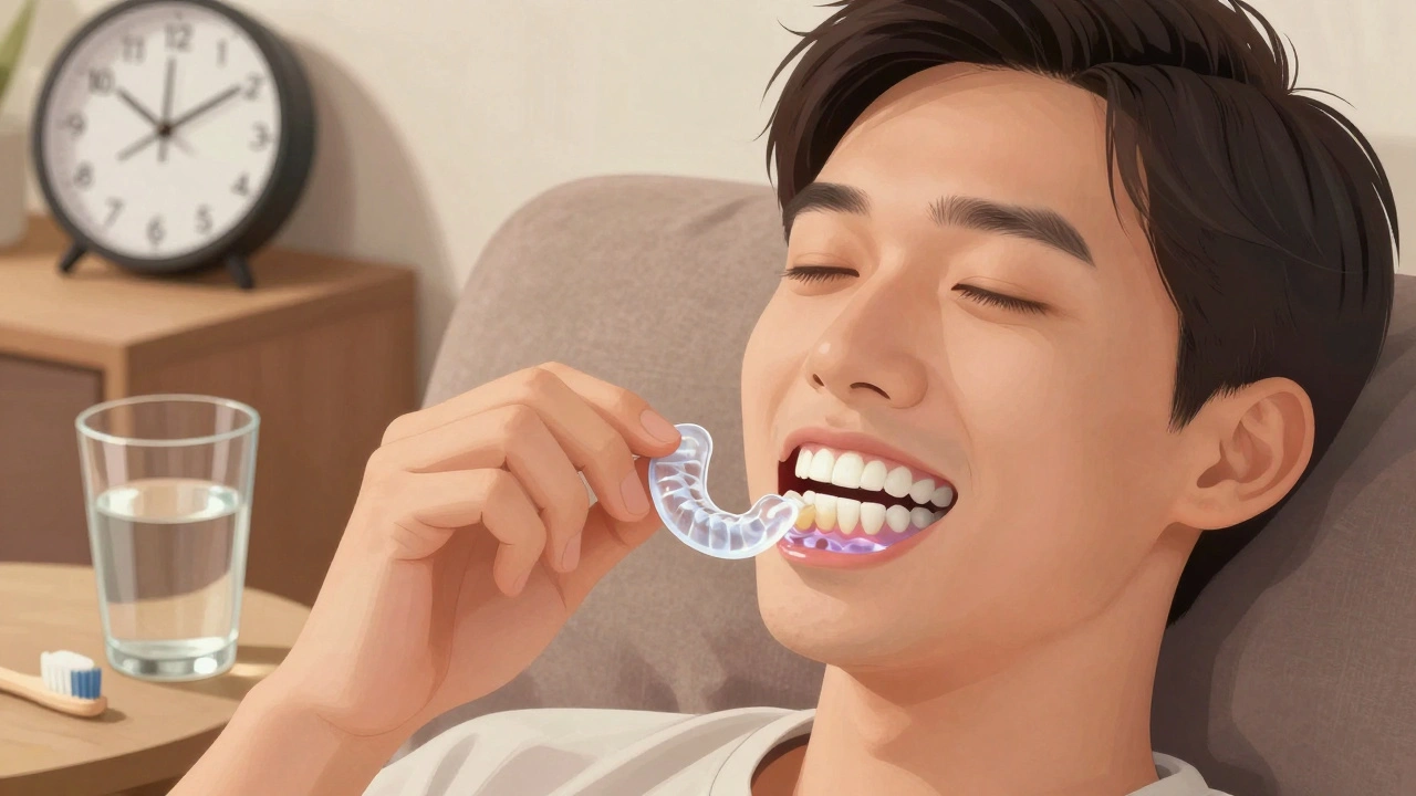 Osoba používá individuální formy na bělení zubů doma.