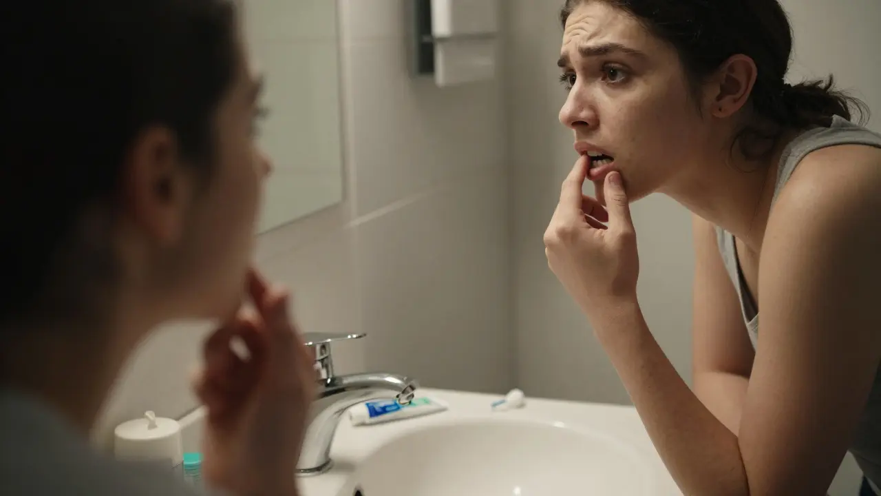 Osoba se dívá do zrcadla a ukazuje na tmavou skvrnu mezi zuby.