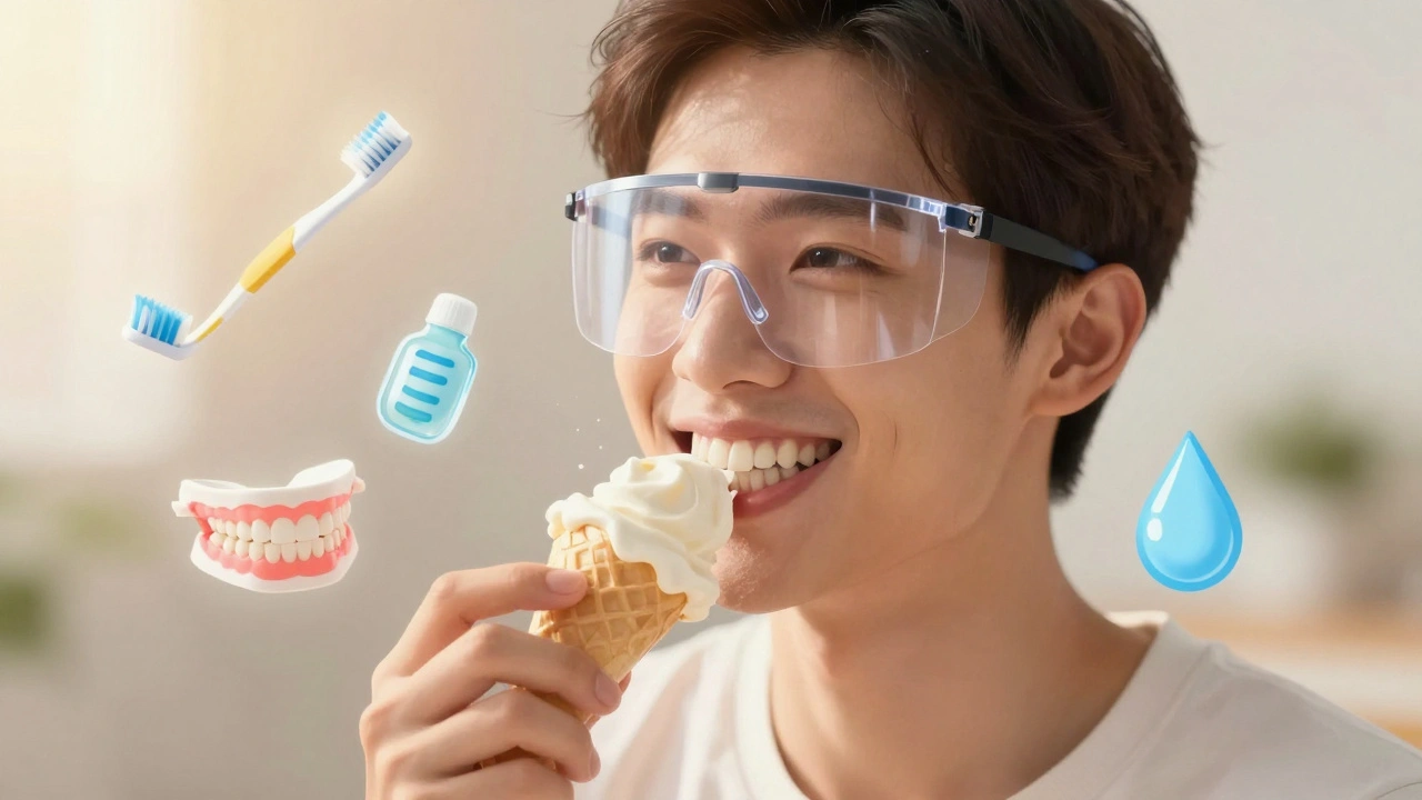 Osoba smíře jí zmrzlinu, nad zuby se objevuje průhledný štít jako symbol ochrany před citlivostí.