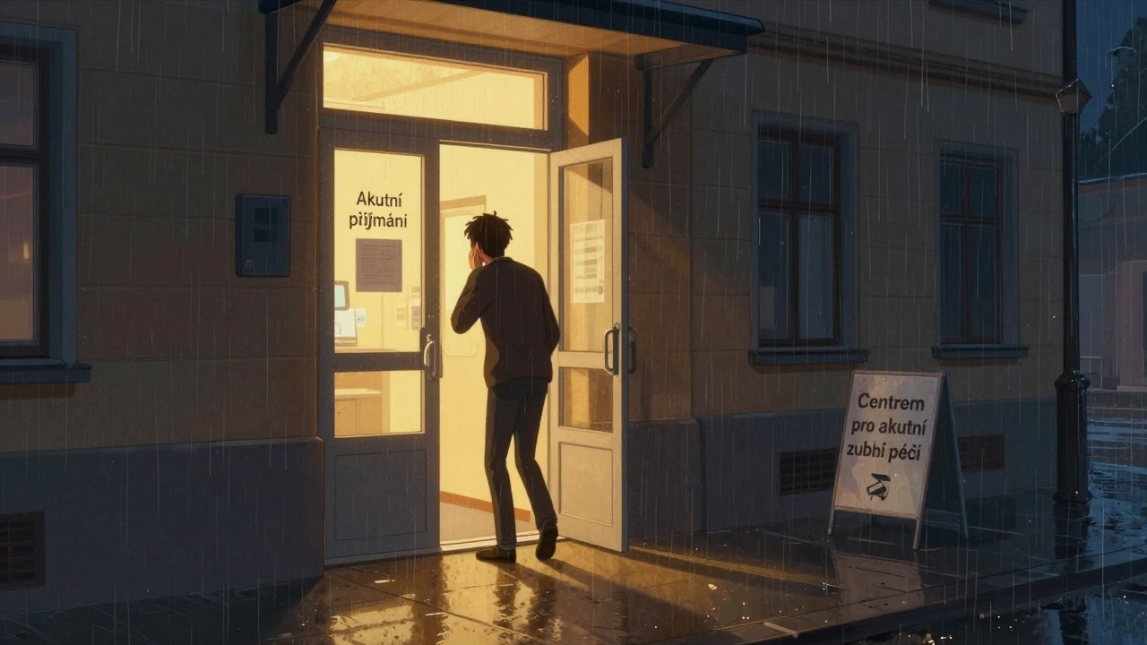 Pacient vstupuje do zubní kliniky s akutním přijímáním ve večerní době.