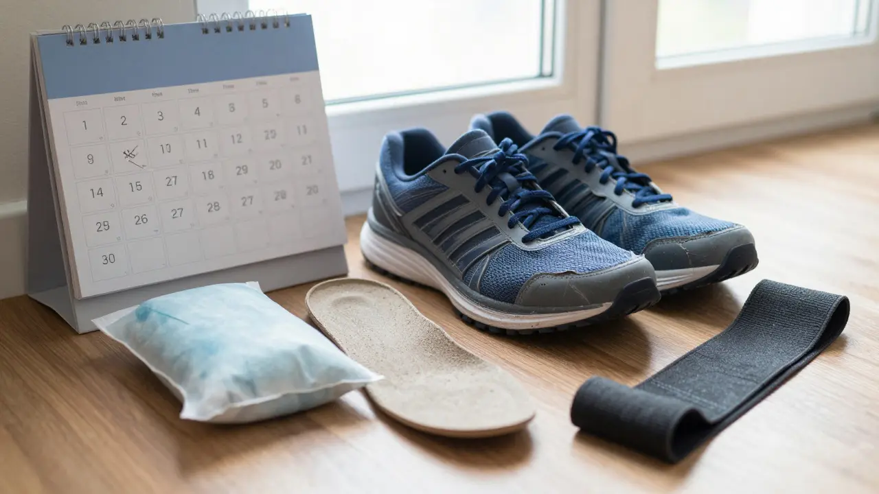 Pára opotřebovaných běžeckých bot vedle ortopedických podložek a ledového obalu na odpočinku.