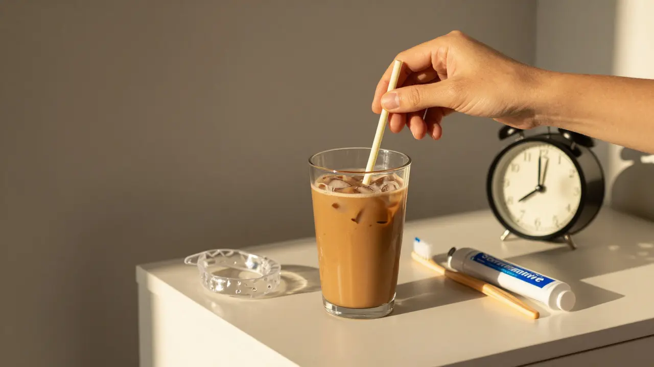 Pití kávy přes slámku s ochranným krytem na stole vedle zubního štětce.