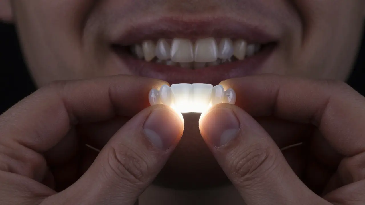 Porcelánová fazeta osvětlená UV světlem, detaily povrchu viditelné.