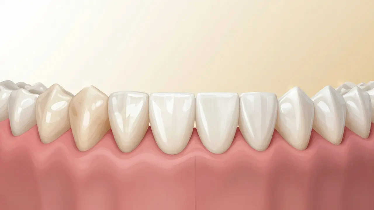 Porovnání zubů před a po aplikaci fazet – nečisté vs. dokonalé.