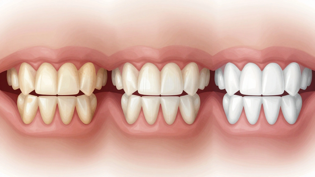 Postupné bělení zubů v třech fázích: žluté, průběžné a bělající se.