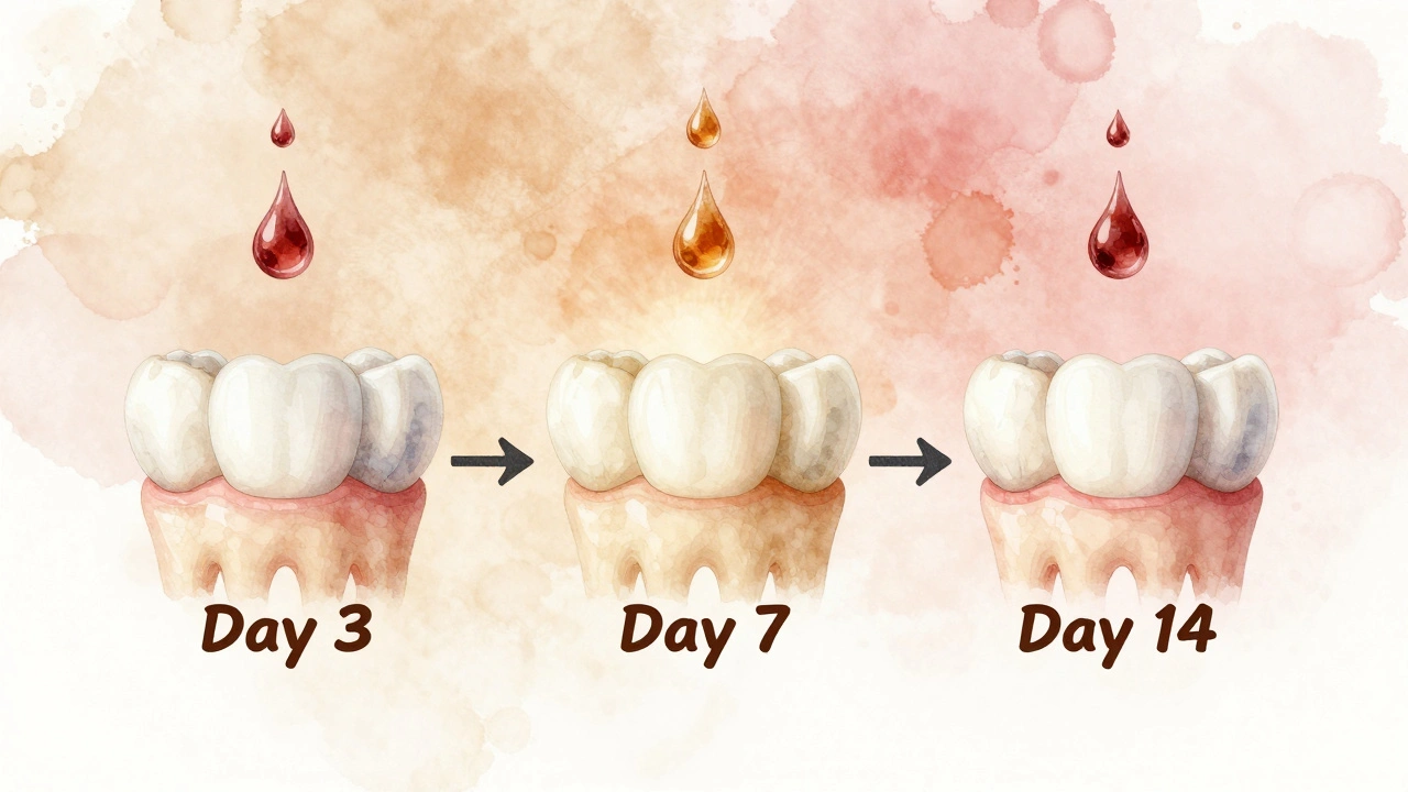 Postupné zjasnění zubů během 14 dní ve stylu vodové malby, s postupným mizením skvrn od kávy a vína.