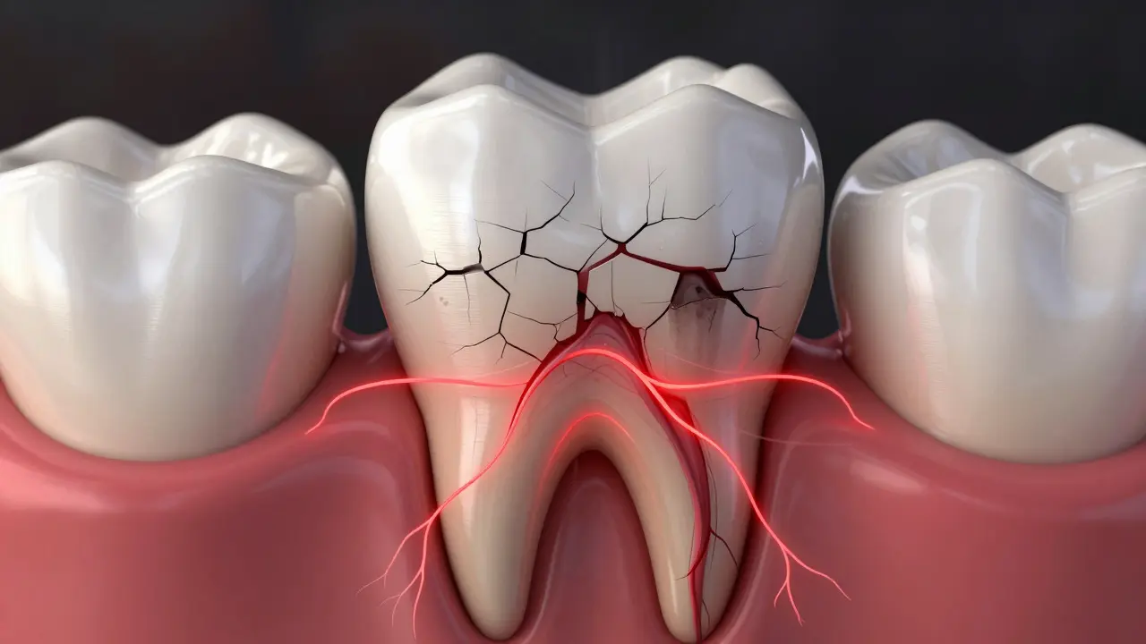 Přední zub pod tlakem při žvýkání, s viditelným zánětem v kosti kolem kořene.