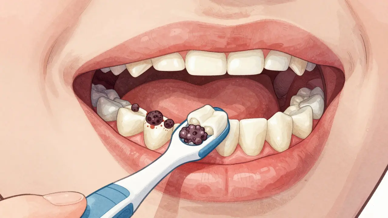 Přehled vnitřní struktury zubů s odstraněním plaku mezizubním kartáčkem.