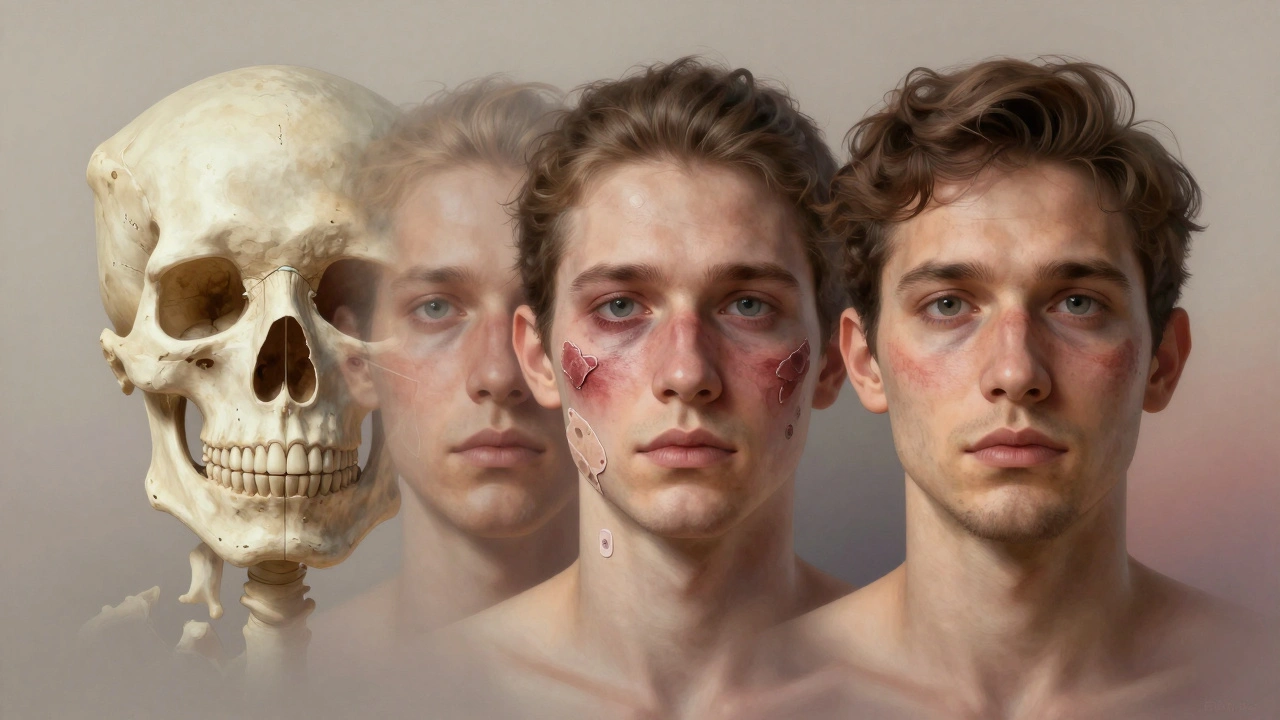 Přeměna obličeje od úrazu po rekonstrukci v podobě uměleckého panelu.