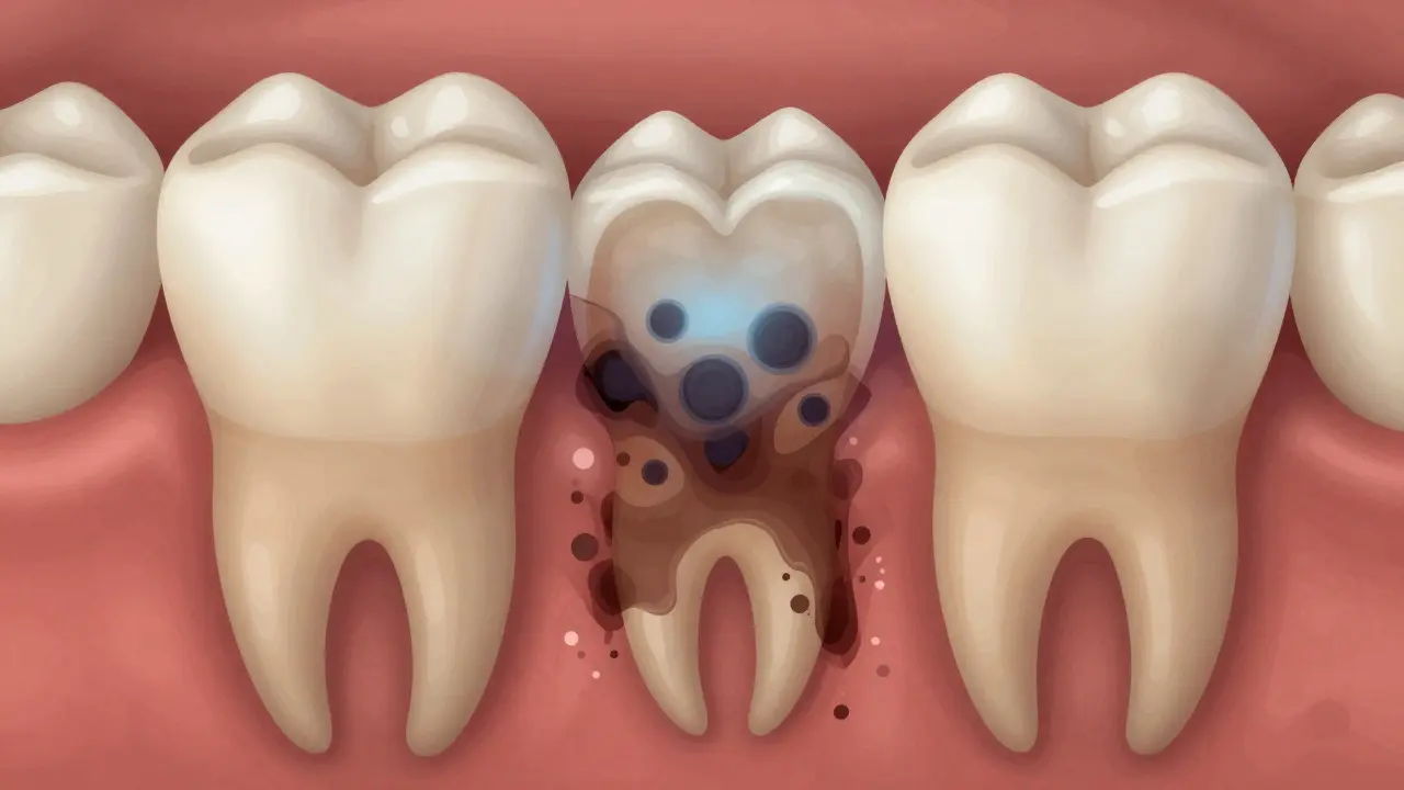 Příčný řez zubem s bakteriemi a rozkladem pod plombou.