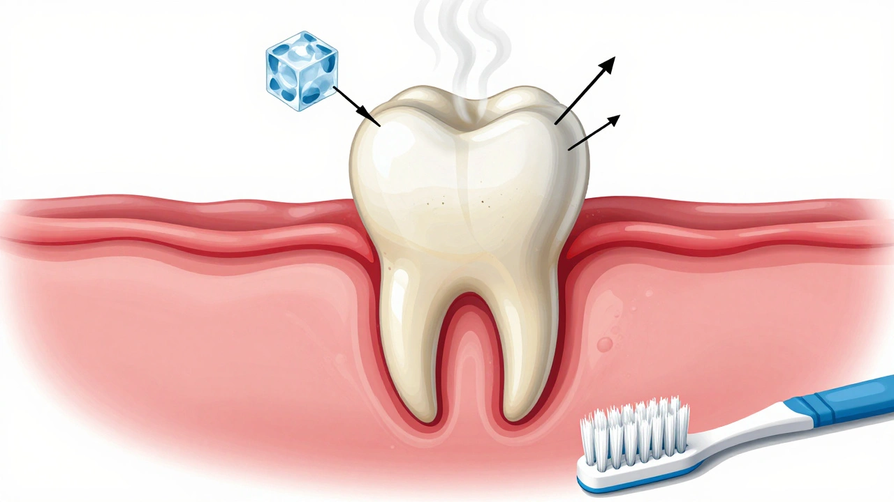 Průřez zubu s vystaveným zubním důlem a odstupujícími dásněmi, označenými teplotními podněty.