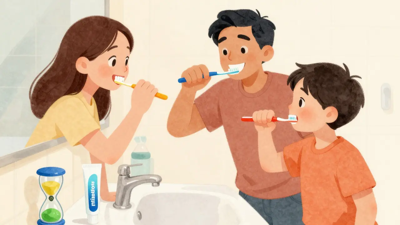 Rodina společně čistí zuby v koupelně, viditelný časovač a barevné kartáčky.
