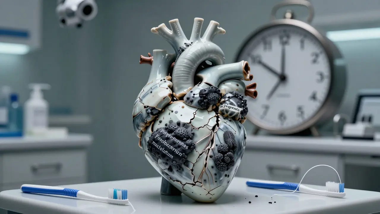 Srdce pokryté černým zubním kamenem jako symbol systémového rizika.