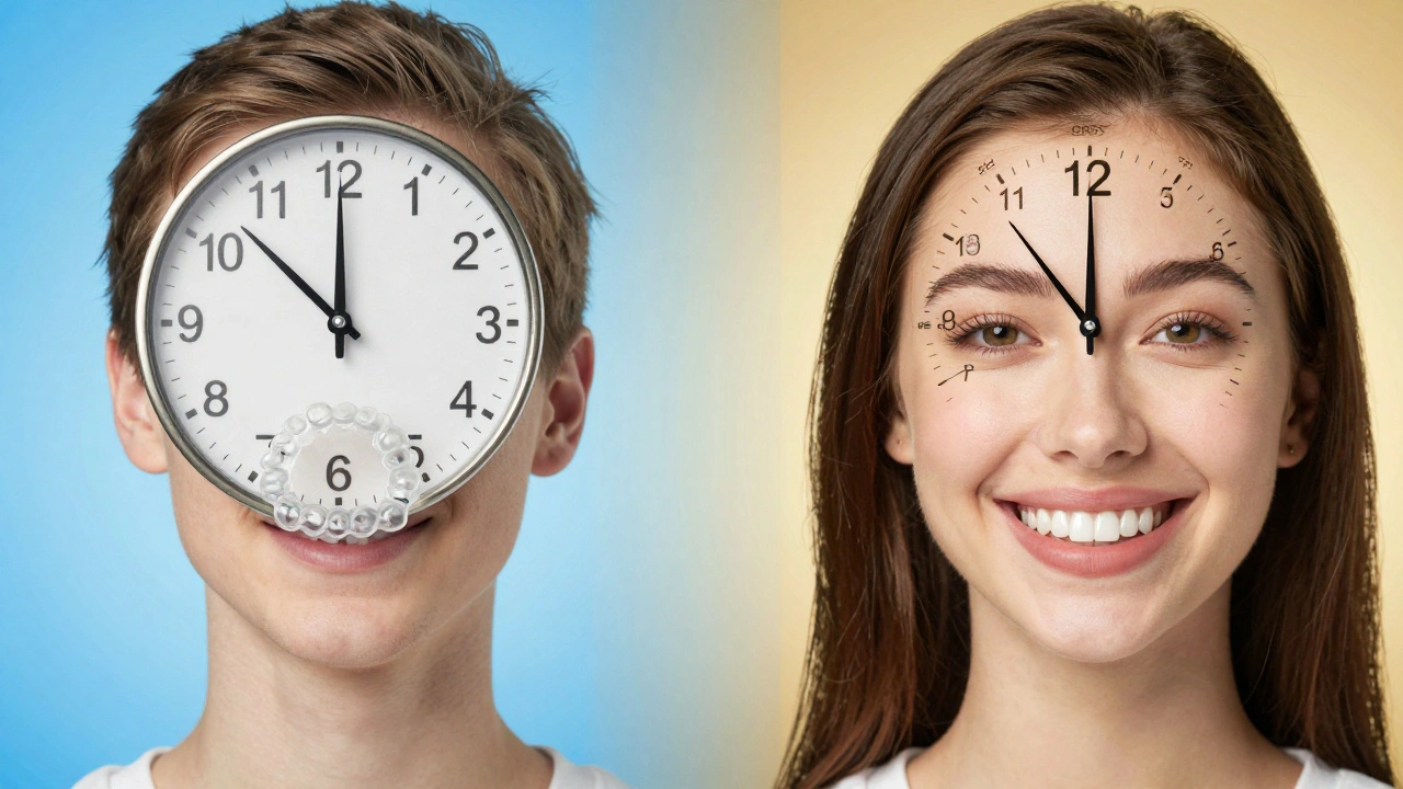 Srovnání ortodoncie a fazet: dvě varianty stejné osoby se stejným úsměvem, různé časové škály.