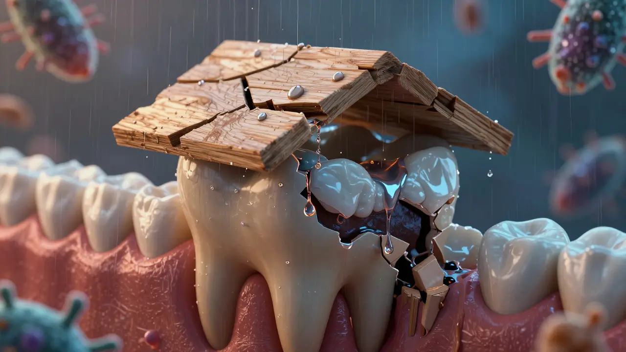 Symbolický obraz plomby jako poškozené střechy nad zubním kazy.