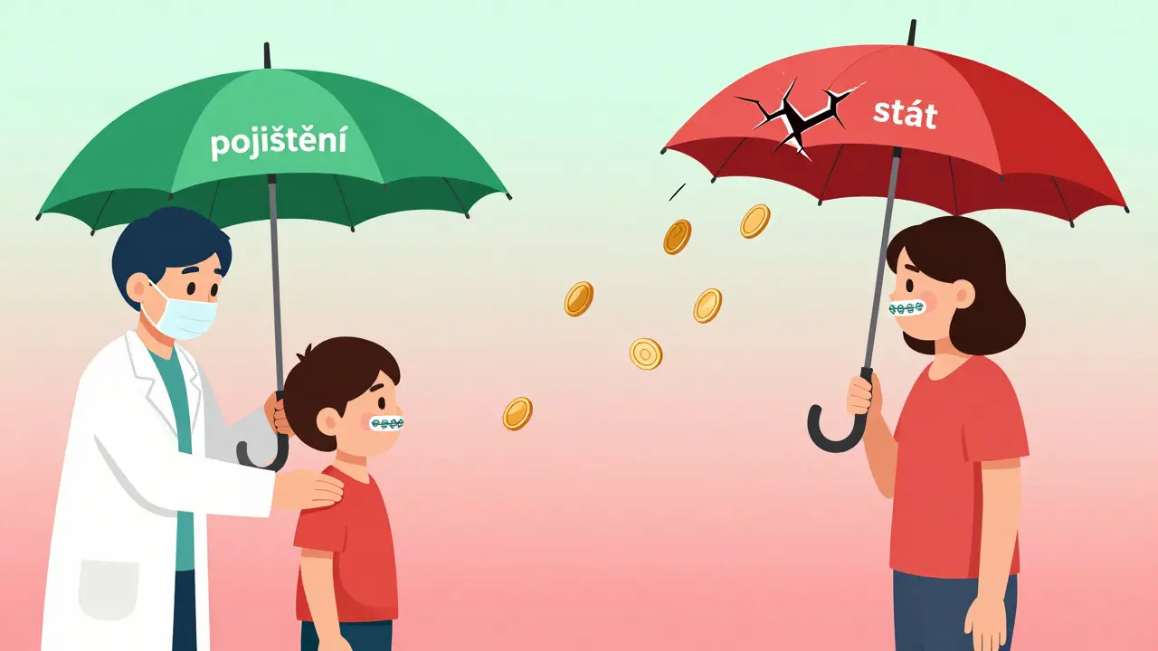 Symbolický obrázek: dítě pod ochranou zdravotního pojištění, dospělý bez podpory, rozdělený scénou.