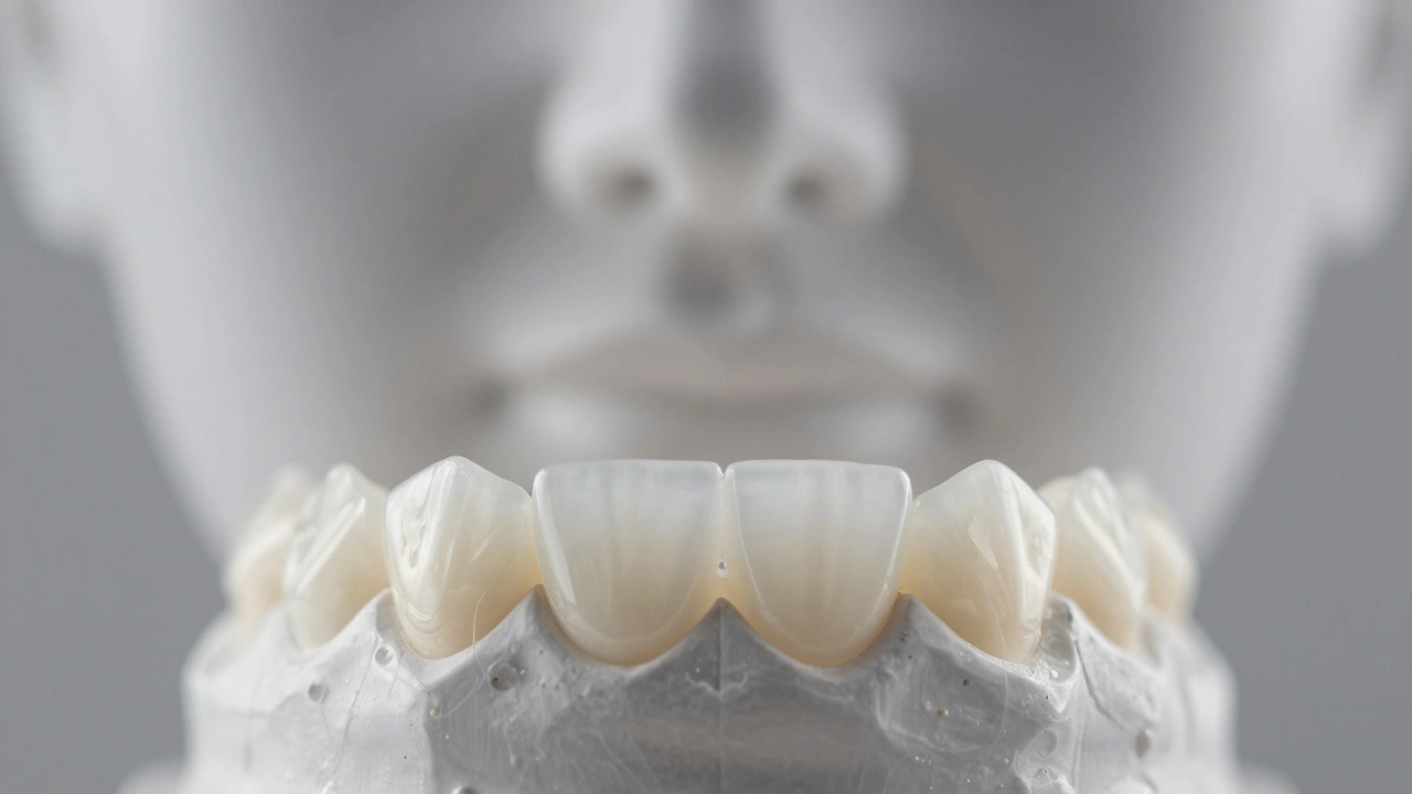 Thin ceramic veneers on a dental mold with subtle glow, symbolizing aesthetic enhancement.