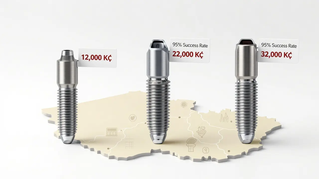 Three dental implant options compared by price and quality, displayed above Czech map.