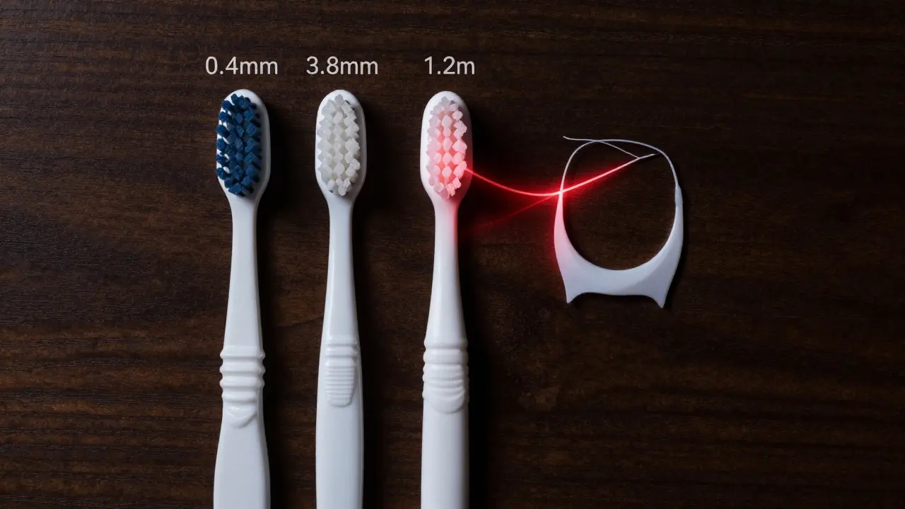 Tři mezizubní kartáčky různých velikostí vedle zubního kartáčku.