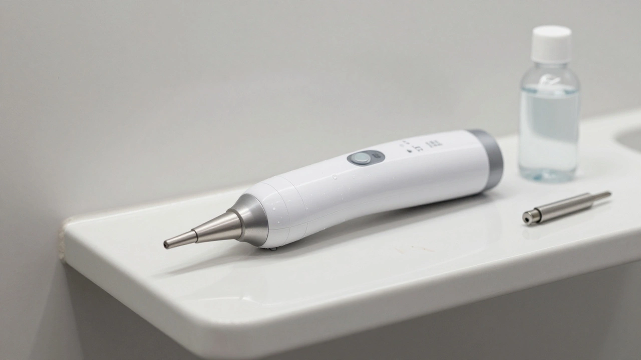 Ultrazvukový čistič zubů uložený na suché ploše s destilovanou vodou a náhradní špičkou.