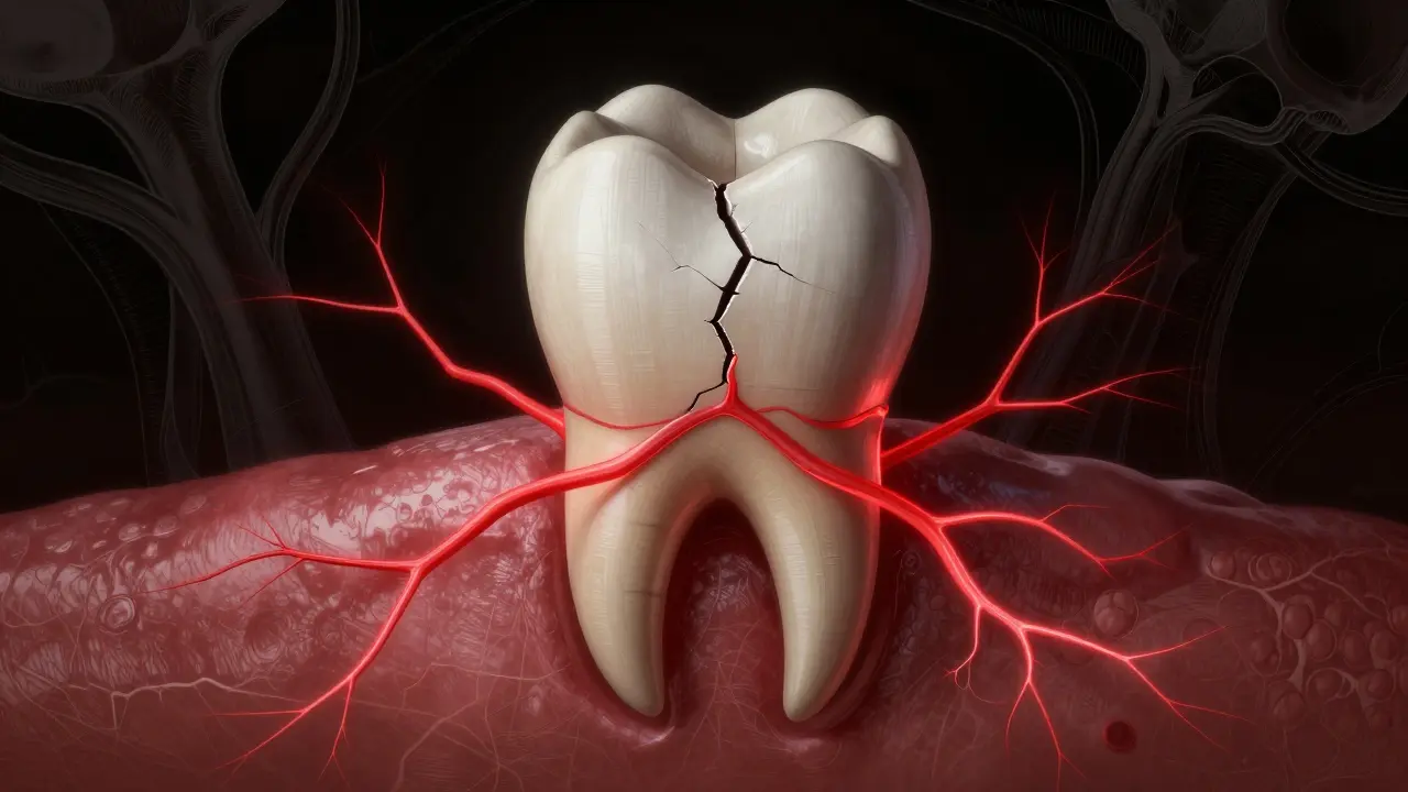 Zlomený zub s infekcí šířící se do čelistní kosti.