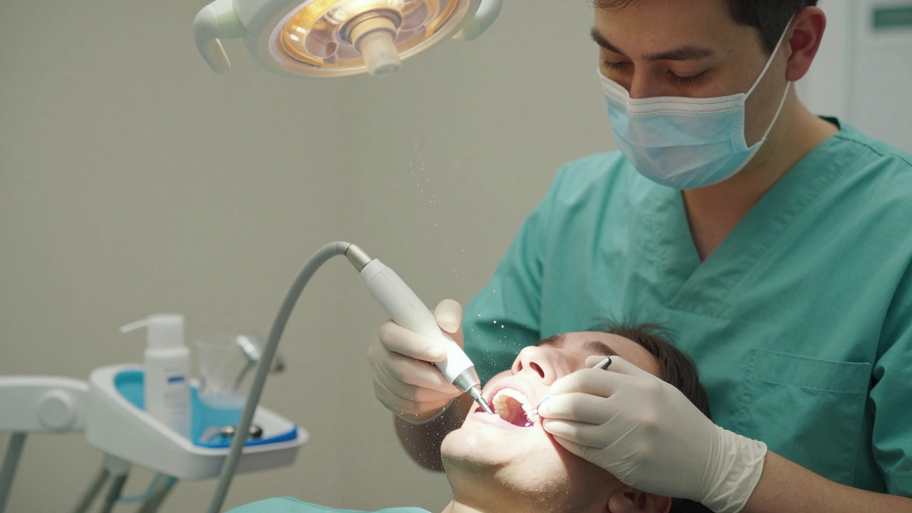 Zubní hygienička odstraňuje kámen pomocí ultrazvukového skrabáku v klinice.