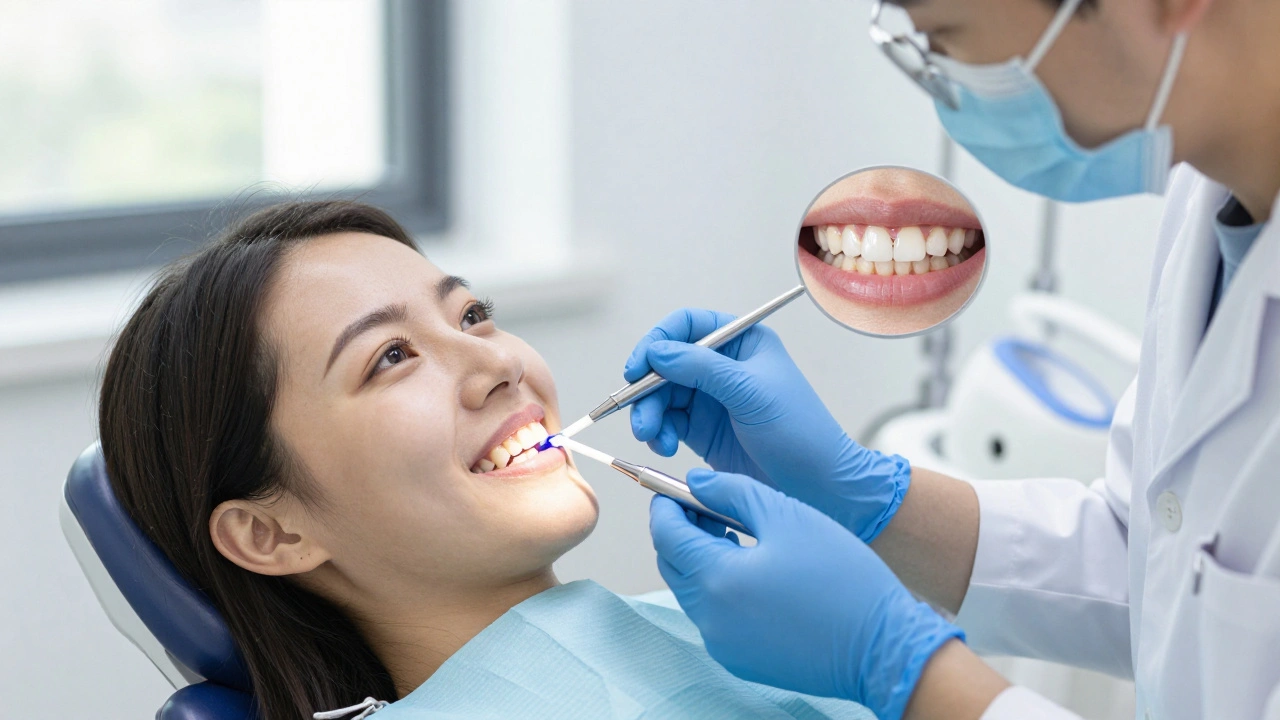 Zubní lékař aplikuje kompozit na přední zub v moderní zubní klinice.