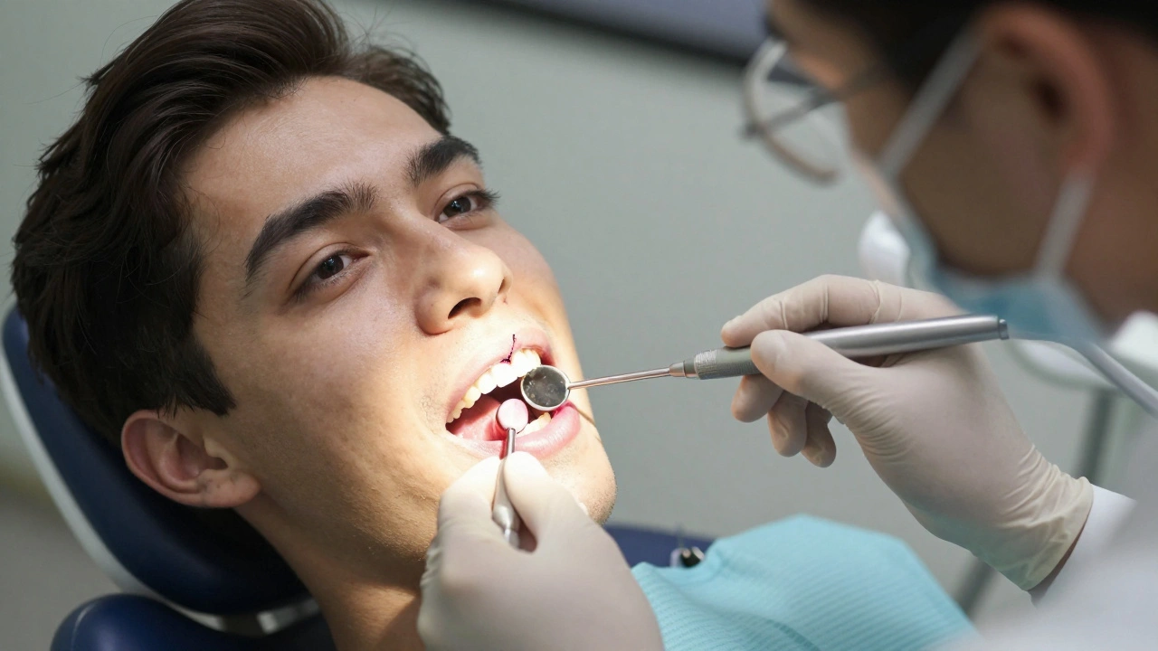 Zubní lékař používá barvivo k odhalení skryté trhliny v zubu.