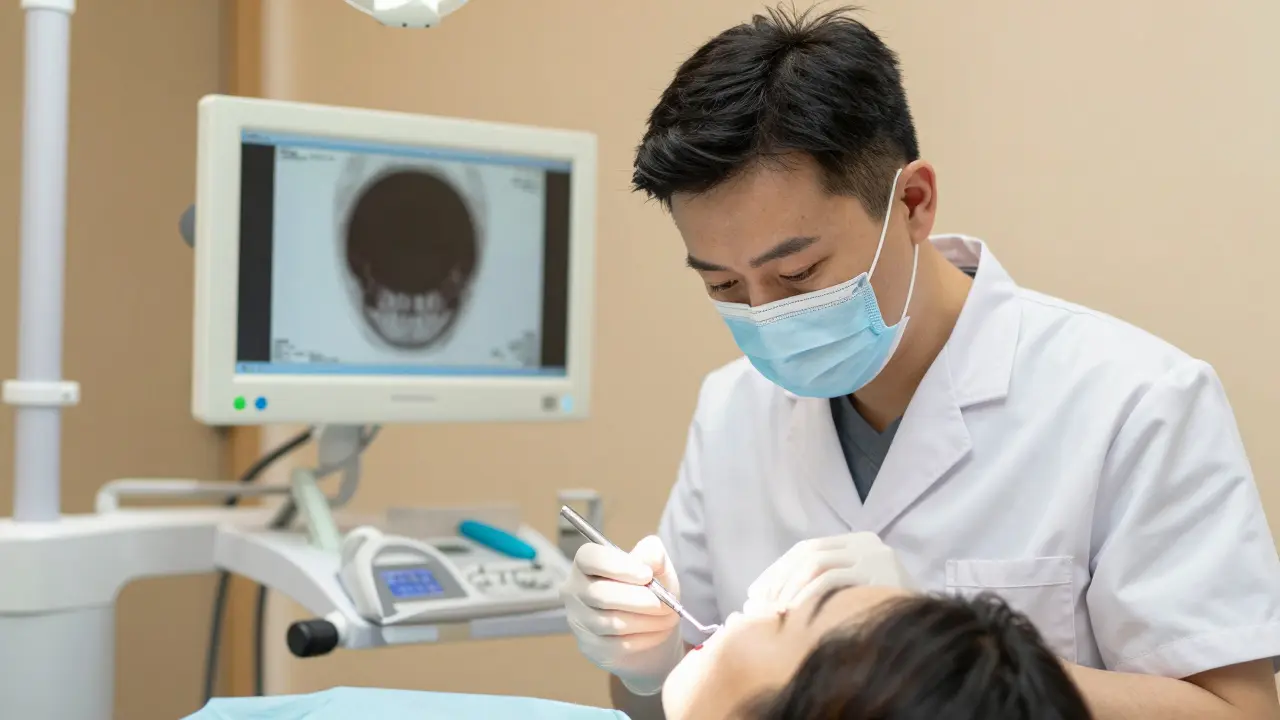 Zubní lékař prohledává zub pomocí zrcátka, na pozadí rentgenový snímek.