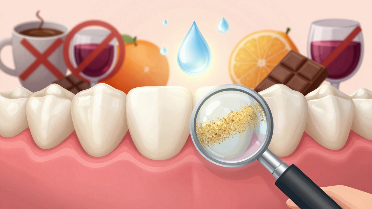 Zvětšené zuby s obnovující se ochrannou vrstvou a zakázanými potravinami v stínu.