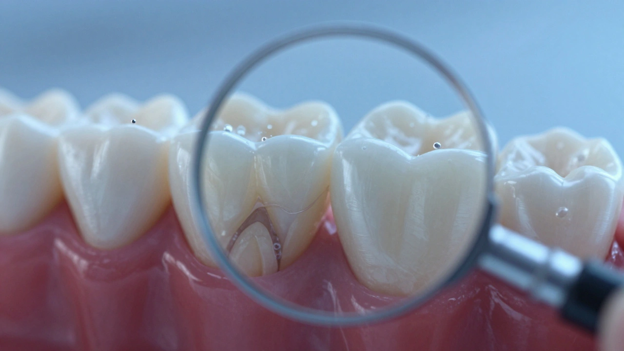 Zvětšený pohled na starší a mladší zub, ukazující tenčí sklovinu a tmavší dentin pod ní.