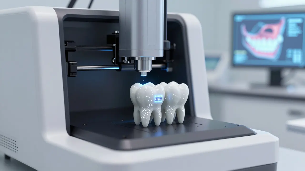 Bioprinter tiskne keramický zub z buněk pacienta s vloženým mikročipem v budoucím zubním laboratoři.