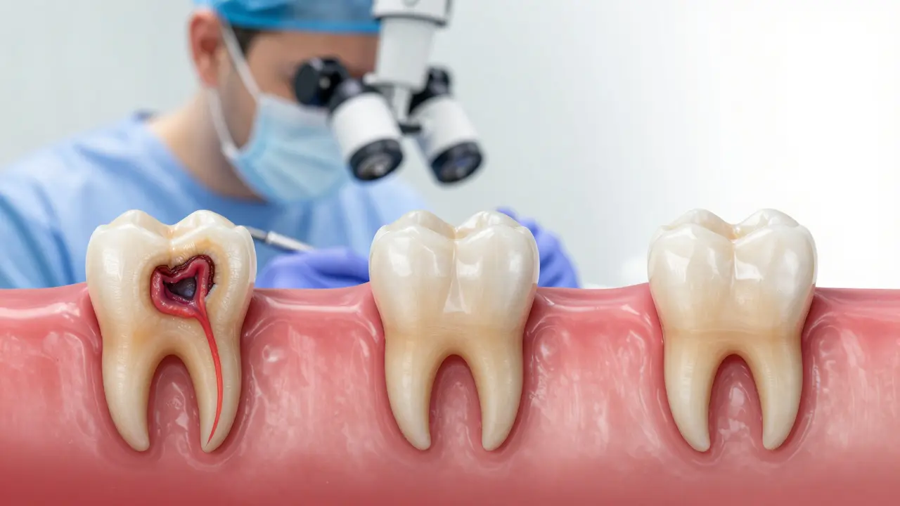 Časová řada: infikovaný zub → kořenová léčba → zub po 20 letech.