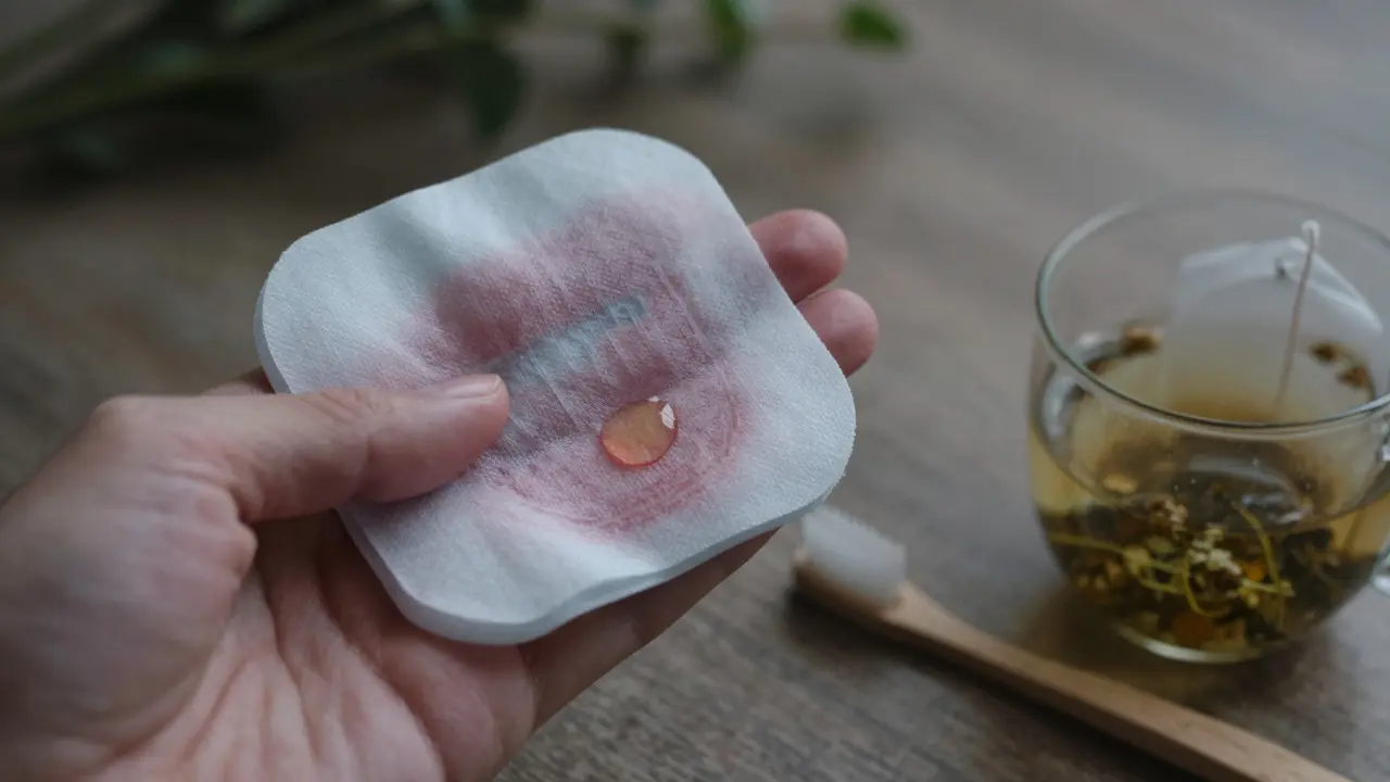 Chladný kompres na tváři s symbolickým znázorněním hojení dásní a klidným prostředím.