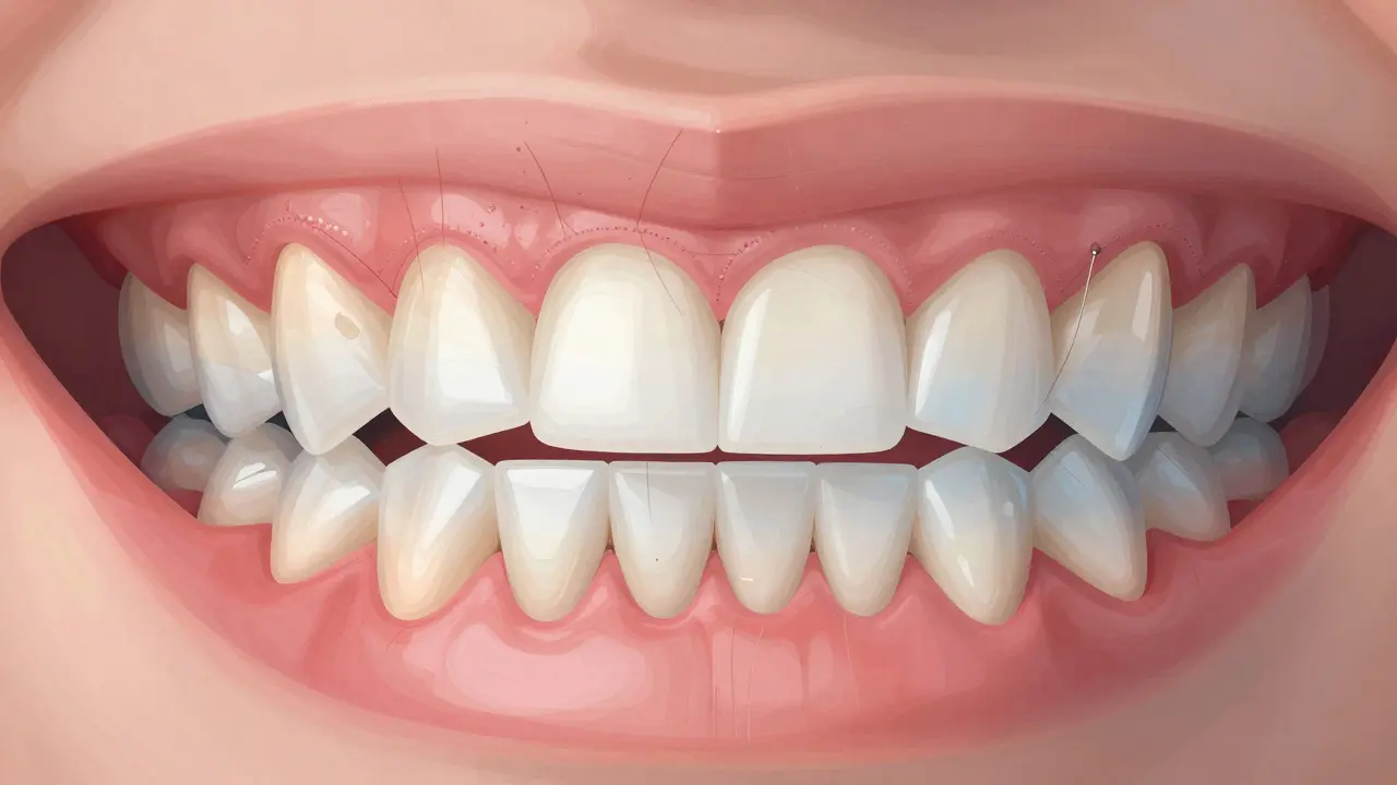 Detail zubu s keramickou fazetou a hromaděním plaku na dásních.