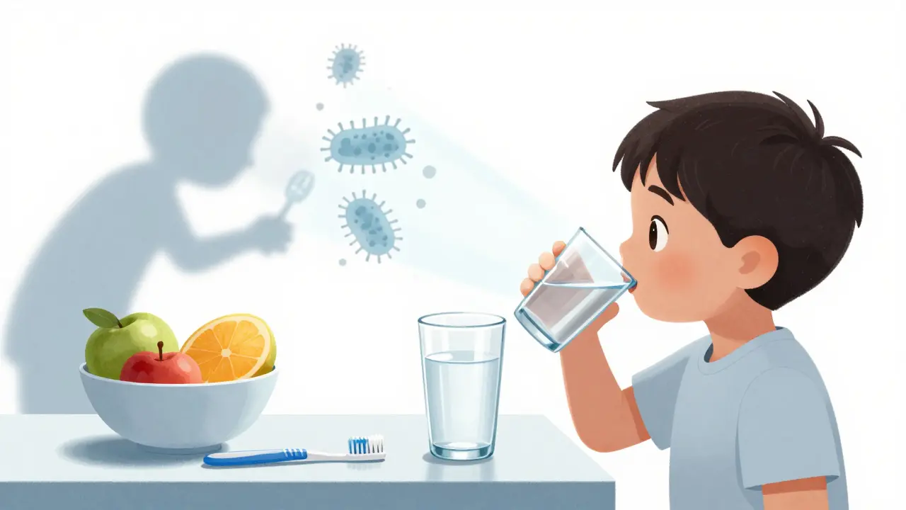 Dítě pije vodu místo sladkého nápoje, bakterie se rozpadají pod světlem fluoridu.