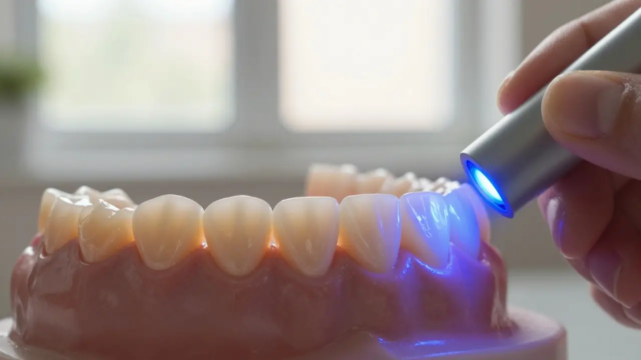 Dokonale přilepené keramické vložky na předních zubech přirozeně svítí ve dne.