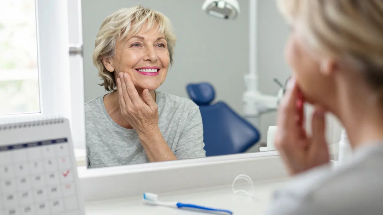 Elderly woman smiling after dental cleaning, healthy gums, natural light.