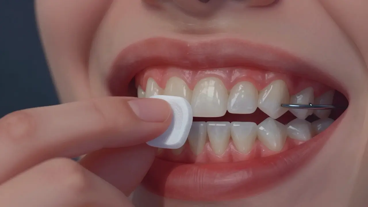 Hand applying orthodontic wax over a protruding wire inside a mouth.