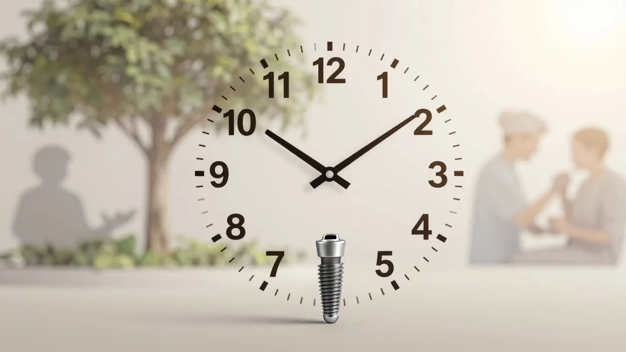 Hodiny s roky jako číslicemi, uprostřed zubní implantát symbolizující trvalou péči.