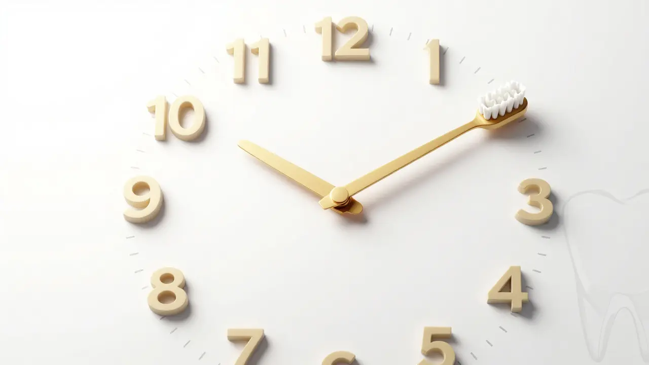 Hodiny s ručičkami tvaru mezizubních kartáčků symbolizující denní ústní hygienu.