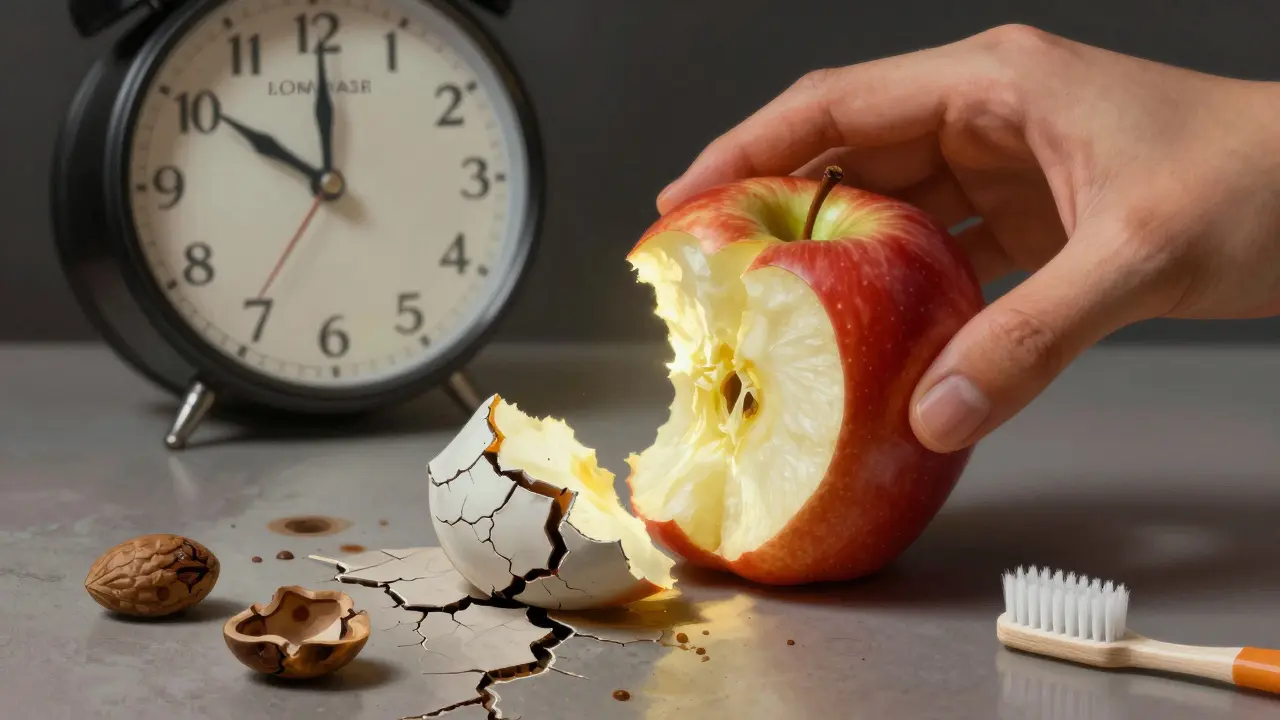 Keramická fazeta se praská pod tlakem, zatímco jablko je řezáno na kousky.