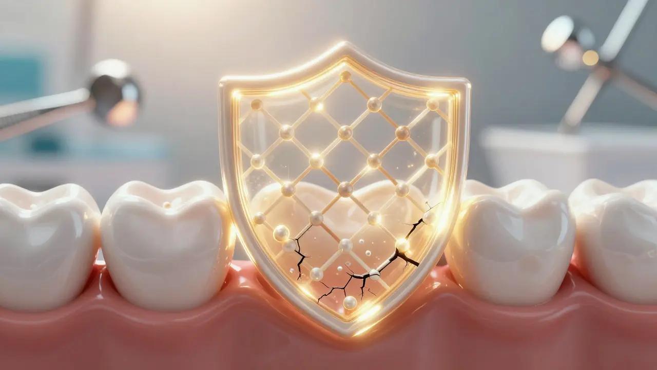 Mikroskopické zpevňování praskliny v sklovině fluoridy a nano-hydroxyapatitem.