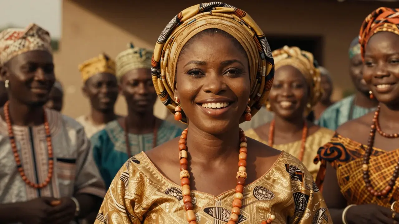 Nigérijská žena s tradičním oděvem a výraznou mezerou mezi zuby v zlatém světle.