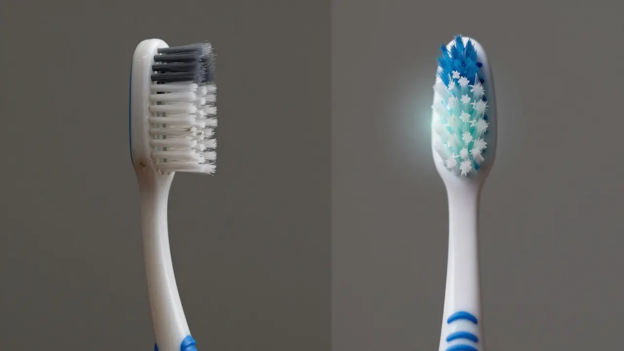 Porovnání poškozeného běžného kartáčku a stále funkčního Curaprox po čtyřech měsících.