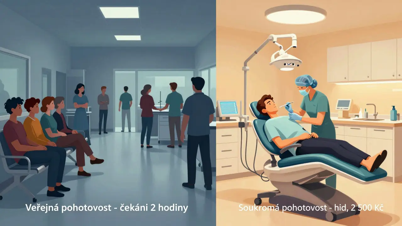 Porovnání veřejné a soukromé zubní pohotovosti: čekání vs. okamžitá péče.