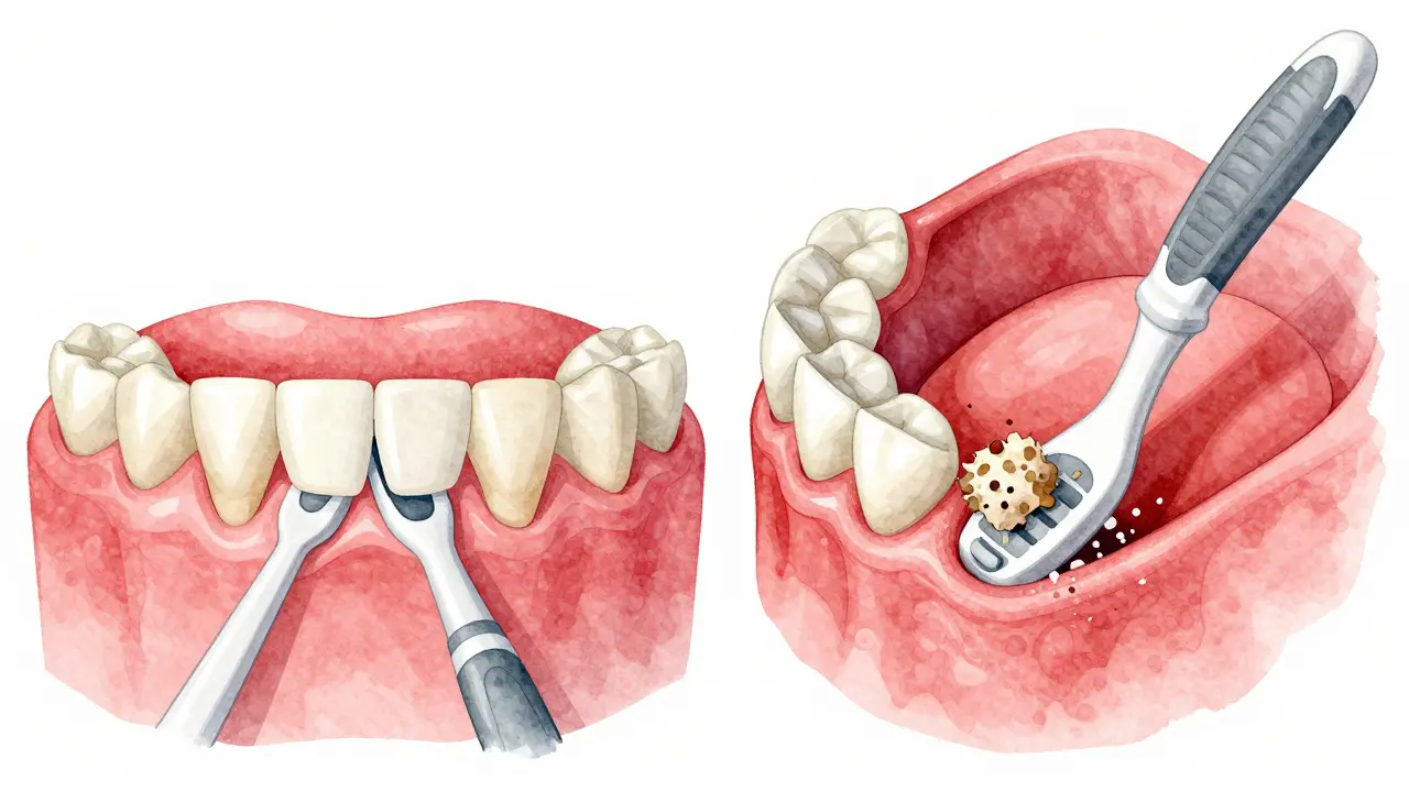 Porovnání zdravých a zánětlivých dásní při použití správného a nesprávného mezizubního kartáčku.