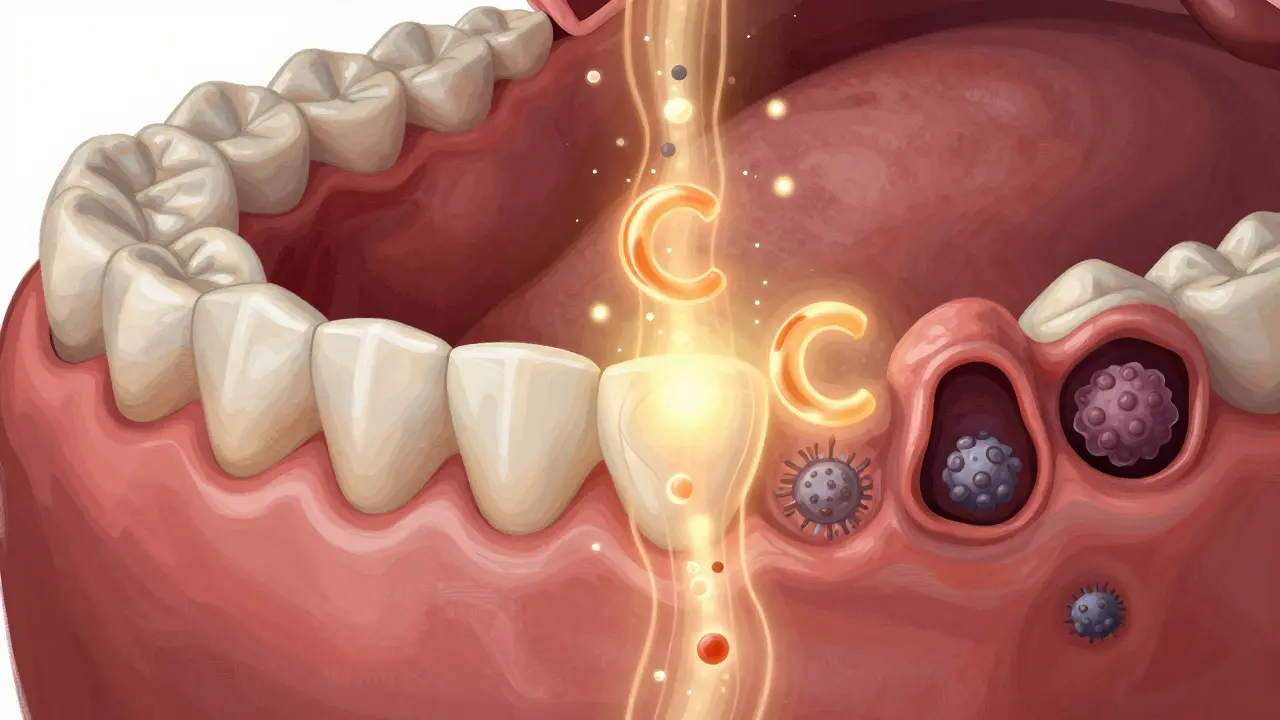 Porovnání zdravých a zánětlivých dásní s přírodními prvky podporujícími hojení.