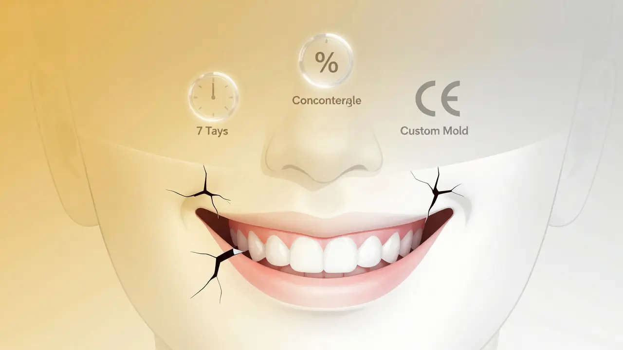 Přechod smíchu od žlutého ke bílému s výraznými značkami podráždění dásní a symboly klíčových faktorů bělení.